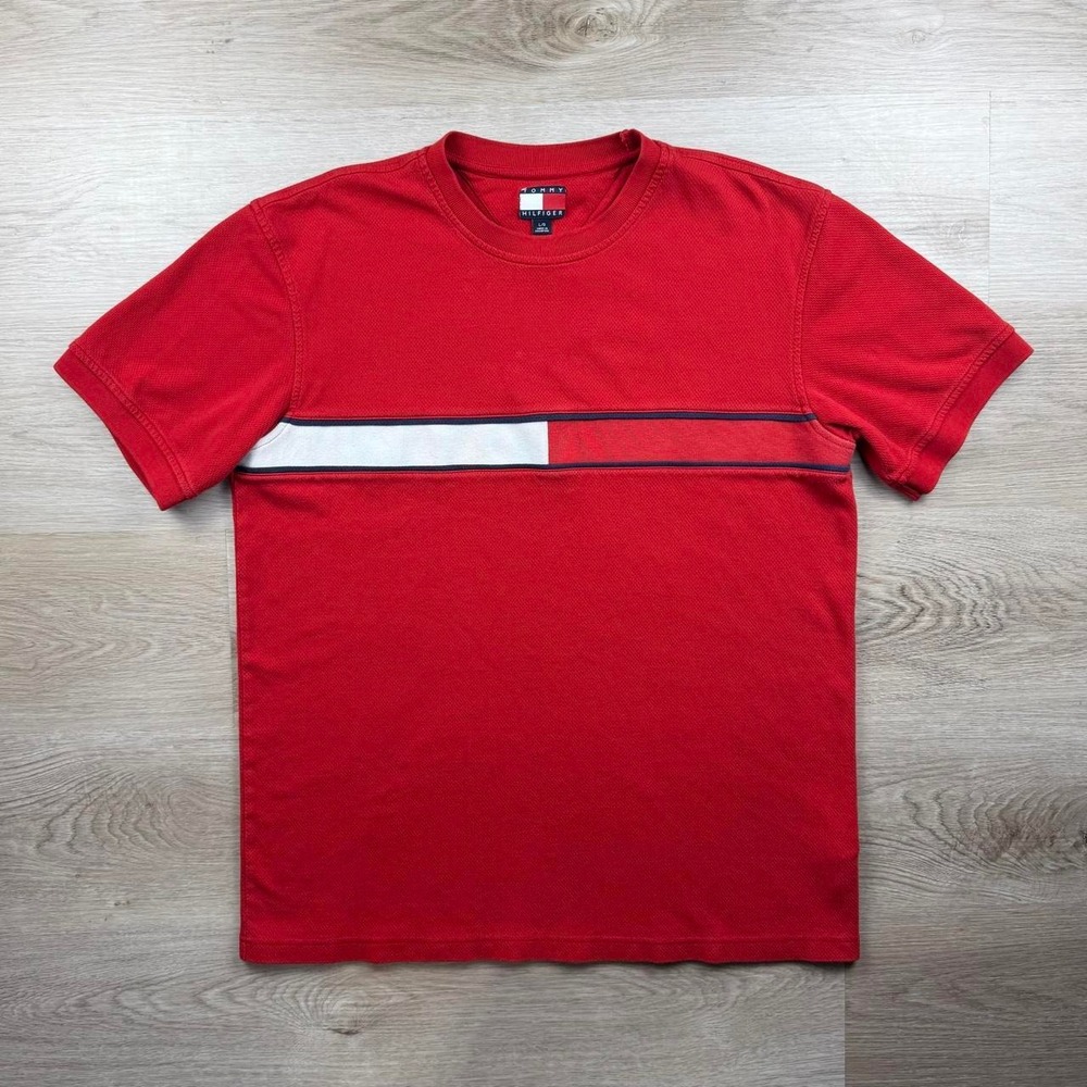 Vintage 90s Tommy Hilfiger Chest Flag Textured Pique Heavy T-Shirt Red L